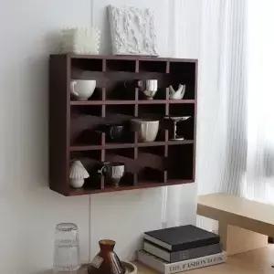 원목 벽걸이 컵 홀더 다중 수납 머그컵 보관 선반 러스틱 거실 장식용 주방 그리드 패턴 디스플레이 랙