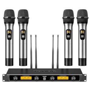 TONOR 무선 마이크 시스템, 4x5 채널 UHF 마이크, 휴대용 조절 가능한 주파수 금속 다이내믹 4개, 멀티셋 작동, 노래방 노래하는 결혼식 교회에 이상적인 90m, 실버