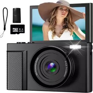 4K 사진용 디지털 카메라 3인치 80°Flip 화면 64GB 마이크로 SD 카드 6배 줌 포인트 촬영 컴팩트 여행