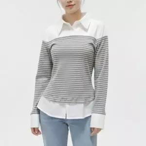 [하프클럽/]긴팔티 배색 레이어드 카라 여자 단가라 셔츠 3color