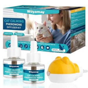 우야메이 고양이 진정 디퓨저 - 불안 완화를 위한 페로몬 3-in-1 키트(디퓨저 1개 + 리필 48ml 바이알 2개 포함) 진정을 60일