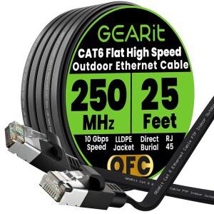 GEARIT CAT 6 야외 플랫 이더넷 케이블 (25피트 검은색) 직매장 등급 LLDPE 재킷 - 실내 CAT6 차폐 FTP 10GBPS 고속 게임 컴퓨터 네트워크 RJ45 스내그리스 패치 코드 인터넷