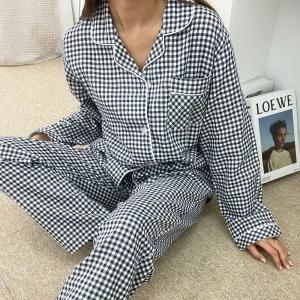 체크 파자마 커플잠옷 잠옷 새시 남성 화이트 나사 거즈 생수 원단 클래식 베이직 기구 구이