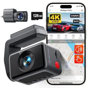 레드타이거 F4 프로 4K 미니 대시 캠 앞뒤, 스타비스 2 나이트 비전, 128GB 카드 포함, 5.8GHZ WIFI 6 즉시 내보내기, 2.2인치 차량용 터치스크린 카메라, 음성 제어, 24시간 주차 모드