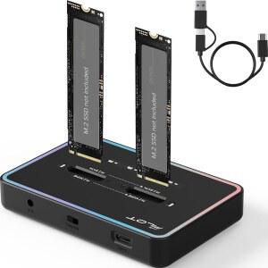 AMZPILOT M.2 복제기 클로너 듀얼 베이 오프라인 USB C to NVME SATA 도킹 스테이션, 리더 20Gbps (M 키, B+M 키) PCIE NGFF 도크, 크기 22110 2280 2260 2242 2230 인클로저 - NN /SS RGB