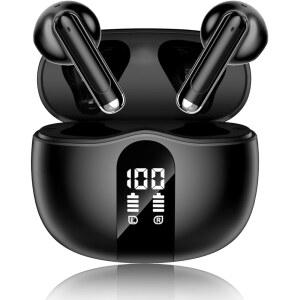 XIAOWTEK 무선 이어버드 2026 블루투스 5.4 헤드폰 베이스 스테레오 노이즈 캔슬링 마이크 이어 이어폰의 LED 디스플레이 50H 플레이타임 노트북 패드폰용 IP7 방수 블랙