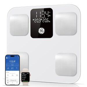 체중을 위한 GE 스마트 체중계: 체지방, BMI, 디지털 욕실 체중계 - 14가지 체성분 분석기 건강 모니터, 앱 400파운드, 11인치의 매우 정확한 블루투스