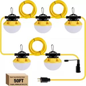 50FT LED 건설용 스트링 라이트 50W 6000Lm 18AWG 와이어 5개의 전구와 후크가 있는 5000K 연결 가능한
