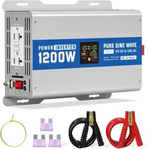 1200W 순수 사인파 파워 인버터 12V DC-120V AC 컨버터 2400와트 피크 멀티 디스플레이 화면 2 GFCI 콘센트