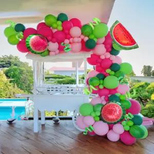여름 과일 수박 파티 장식 풍선 아치 갈랜드 키트 레드 그린 핑크와 마일라 사용한 멜론 테마 생일 1인용