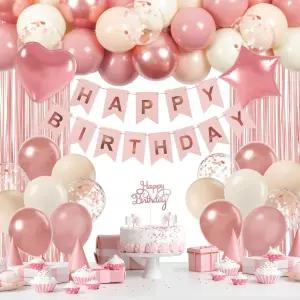 메탈릭 로즈 골드 더스티 핑크 풍선 여성을 위한 생일 장식 배너 프린지 커튼
