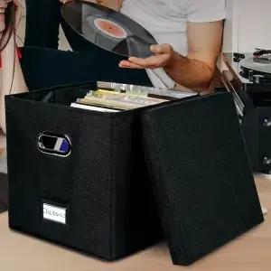 비닐 레코드 보관 상자 대용량 접이식 50 LP 앨범용 면 린넨 원단 정리함(뚜껑 ) 다기능 가정용