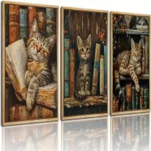3PCS 슬리피 도서관 고양이 벽 아트 책장 잠들었어요 사진들은 책 같은 캔버스 포스터를 인쇄했습니다 카페