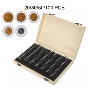 조정 패드가있는 동전 보관 상자 20/30/50/00PCS 가능한 나무 기념 수집 케이스 홀더 캡슐