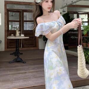 원픽 여성 스몰 플라잉 소매 꽃무늬 쉬폰 원피스 여름 상큼한 홀리데이 A라인 롱스커트