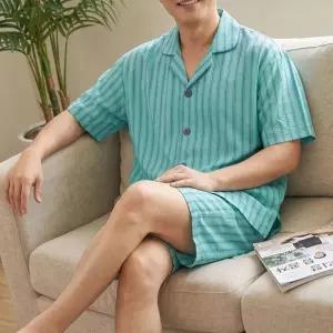 여름 빅사이즈 파자마 스트라이프 반팔 반바지 남성 인견 잠옷세트