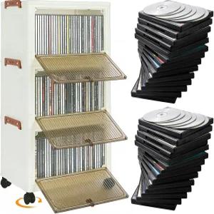 DVD 수납 캐비닛 선반 뚜껑이 있는 CD 미디어 홀더 문과 바퀴가 스태킹 가능한 정리함 거실 홈 오피스용