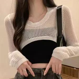 [하프클럽/]스퀘어넥 크롭 니트 원피스 여름 휴양지 레이어드 긴팔 펀칭 루