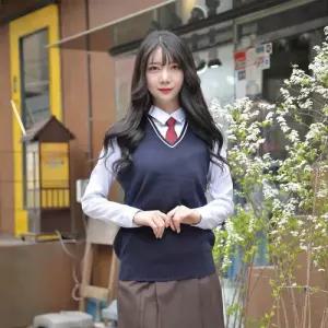 보풀방지 네이비 화이트라인 롱 교복조끼(여자)