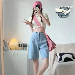 여성 여름 편안한 연청 데님 5부 팬츠 캐주얼 청바지 여름청바지 와이드청바지 로우라이즈