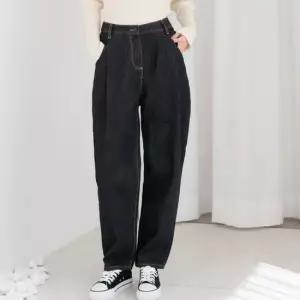 여자 넓은통 오버핏 허리뒷밴딩 데일리 블랙 청바지 데님 스판 여자하의 여자바지 오버핏
