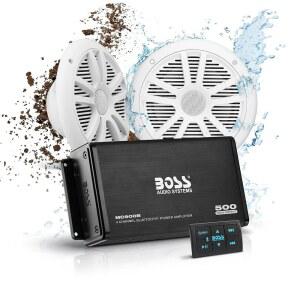 BOSS 오디오 시스템 ASK902B.6 마린 보트 6.5인치 스피커 및 4채널 앰프 패키지 - 고출력 블루투스 리모컨 방수 파우치 500개