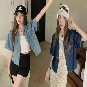 [하프클럽/]청자켓 셔츠 반팔 여자 크롭 세미 데님 남방 여름