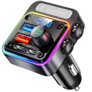 NULAXY 54W 블루투스 5.3 자동차 어댑터 5가지 백라이트, FM 라디오 드라이브 [PD36W 고속 플레이어가 송신기, USB 무선 4포트 LED 베이스 딥 & 있는 충전기 색상 18W], 통화, QC3.0 지원 핸즈프리 충전