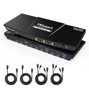 TESMART USB 3.0 HDMI KVM 스위치 포트 버튼 모니터 오디오 디스플레이, EDID 듀얼 핫키 4K@60HZ, 2 스위치, 마이크, 컴퓨터 확장 에뮬레이터, 입력 케이블이 있는