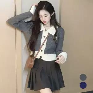 [하프클럽/]여성 스쿨룩 카라니트 단추 가디건 골지 금장버튼 아우터 2색