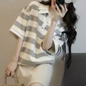 [하프클럽/]반팔 더블 카라 스트라이프 셔츠
