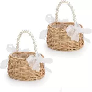 2 PCS 위커 라탄 플라워 걸 바구니 웨딩 진주 손잡이와 활 요정 손으로 짠 이스터 브라운