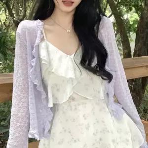 시스루 크롭 가디건 프랄워 패턴 프릴 포인트 캐주얼 여름로브 그물가디건 (WEBF2B2)