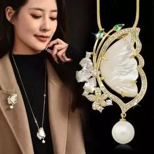 핵진주 나비 펜던트 목걸이 겸용 지르코니아 브로치