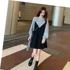 A라인 라운드넥 원피스 캐주얼 여성 배색