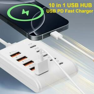 10 in 1 멀티 포트 USB 충전기 타입 C 고속 충전 전원 소켓 데스크탑 퀵 차지 어댑터 1m USB PD 허브
