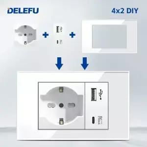 DELEFU 이탈리아어 소켓 DIY 화이트 보드 USB 유형 C 초인종 스위치 45A 20A 커튼 전화 CAT5 TV HDMI SAT