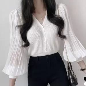 루즈핏 여성 가디건 블라우스 퍼프 여성 브이넥 블라우스 데일리 가을