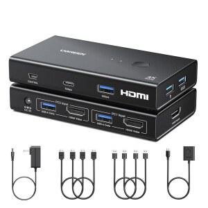 UGREEN HDMI KVM 스위치 1 모니터 2 컴퓨터 USB 3.0 포트 4K@60HZ 2대 케이블 2개 전원 어댑터 컨트롤러가 포함된 키보드 마우스 프린터 공유 I71
