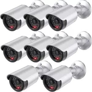 WALI 더미 가짜 모의 감시 CCTV 돔 카메라 실내 실외기 LED 조명 하나 경고 스티커 데칼 TC-S8 8팩 실버