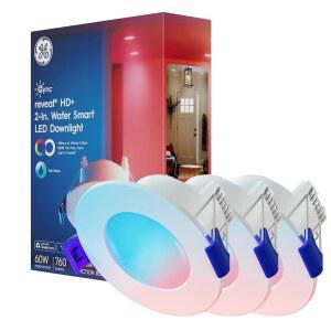 GE Cync, HD+ 스마트 LED 웨이퍼 다운라이트, 색상 변경 조명, 알렉사 및 Google 홈과 호환, 소재 오목 조명 하우징 필요 없음, 천장 2인치(3팩) 공개