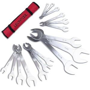 LEONTOOL 16피스 초박형 오픈 엔드 렌치 세트 SAE 및 미터법 3/8인치 ~ 1-1/4인치 5.5MM 27MM 슬림 스패너 CR-V 스틸 더블 롤링 파우치 포함 자전거