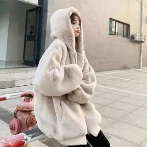 후드 밍크퍼 오버핏 페이크 후리스 집업