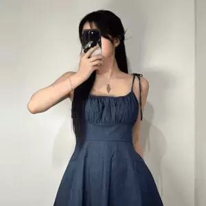 원피스 나시 미니 뷔스티에 여자 블루 리본 레이어드 끈나시 청 민소매 끈
