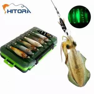 14pc 낚시 미끼 키트 수평 오징어 지그 인공 빛나는 Webfoot 문어 Egi 워블러 후크 바다 태클