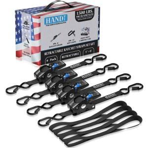 HANDT USA 기반 리트랙터블 래칫 스트랩(4PK) 1인치 X 6피트 - 1500파운드 브레이크 강도 헤비 듀티 자동 스트랩 셀프 타이 다운 푸시 버튼 리트랙터 트럭 트레일러 화물 | 블랙