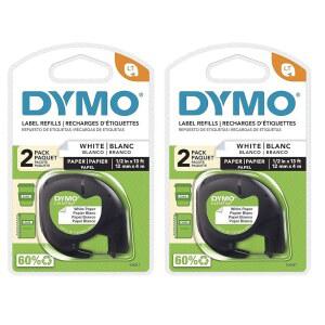 레트라태그용 Dymo 10697 자가 접착 백서 라벨링 테이프, 블리스터 팩 2개(리필 4개), 블랙 온 화이트, 2개(팩 2개)