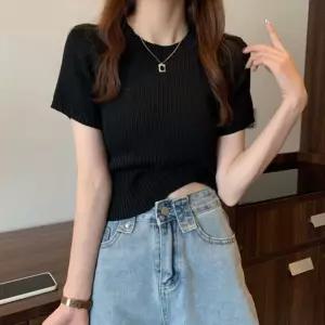 여성 반팔 골지티 크롭니트티 날신핏 반팔니트티