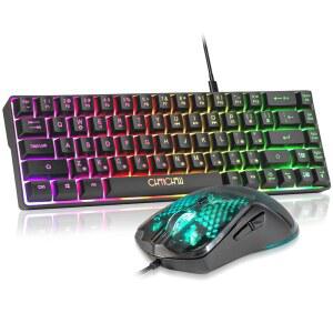 CHONCHOW 60% 게이밍 키보드 및 마우스 콤보, 68 키 유선 LED RGB 백라이트 블랙 마우스, PC Xbox PS4용 소형 라이트 업 키보드(블랙)