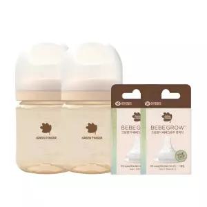 그린핑거 베베그로우 PPSU 젖병 트윈팩 크림&베이지 160ml (노꼭지)+젖꼭지 2개 세트